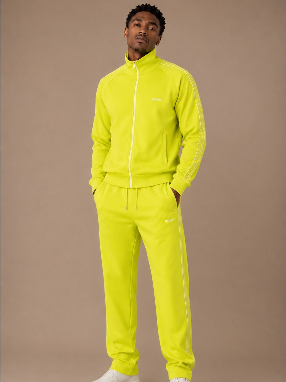 KENZO Paris Tech Jersey Tracksuit Set Neon Yellow Full Zip Jacket Pants Medium
